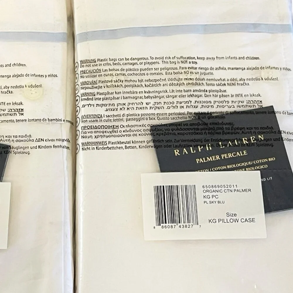 New Ralph Lauren Palmer Percale 2 King Pillowcases Organic Cotton Sky Blu Stripe